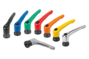 Clamping levers, die-cast zinc with internal thread and clamping force intensifier, threaded insert black oxidised steel