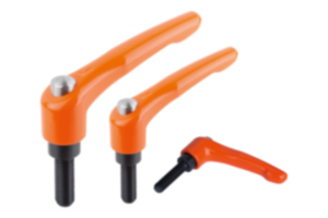 Clamping levers, die-cast zinc, with external thread and protective cap, pure orange satin finish, threaded insert black oxidised steel Clamping levers, die-cast zinc, with external thread and protective cap, pure orange satin finish, threaded insert black oxidised steel