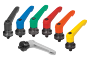 Clamping levers, plastic with external thread and clamping force intensifier, threaded insert black oxidised steel