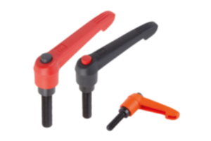 Clamping levers, plastic with external thread and push button, threaded insert black oxidised steel