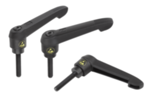 Clamping levers, plastic, antistatic with external thread, threaded insert black oxidised steel