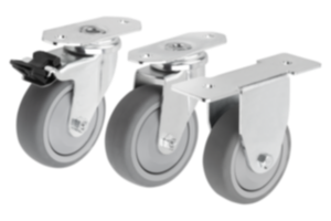 Swivel and fixed equipment castors, steel with TPE tread, for aluminium profiles Swivel and fixed equipment castors, steel with TPE tread, for aluminium profiles