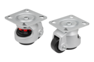 Elevating castors with integrated locking foot for aluminium profiles